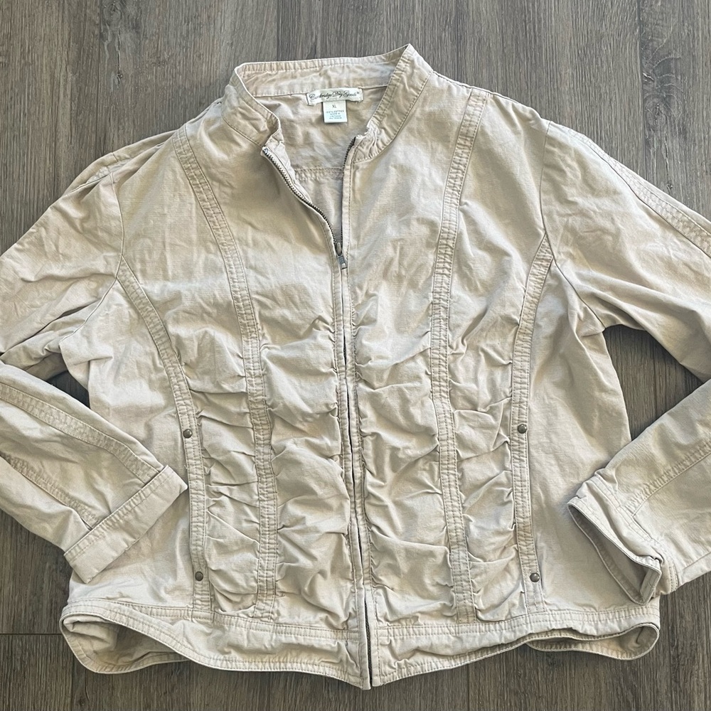 Cambridge Dry Goods cotton canvas coat ruched style size XL khaki zip up women